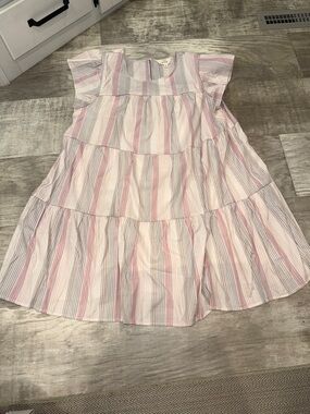 Striped Pink & Gray Tiered Midi Dress by Blu Pepper